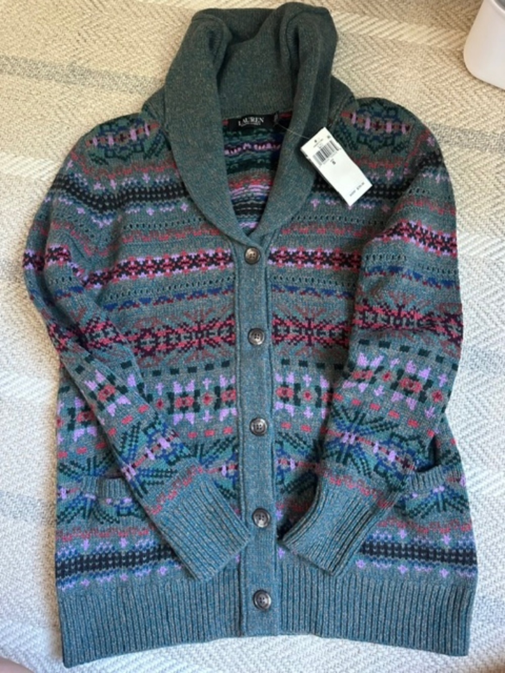 Fair Isle Wool-Blend Cardigan Lauren Ralph Lauren Sz S NEW W TAGS
